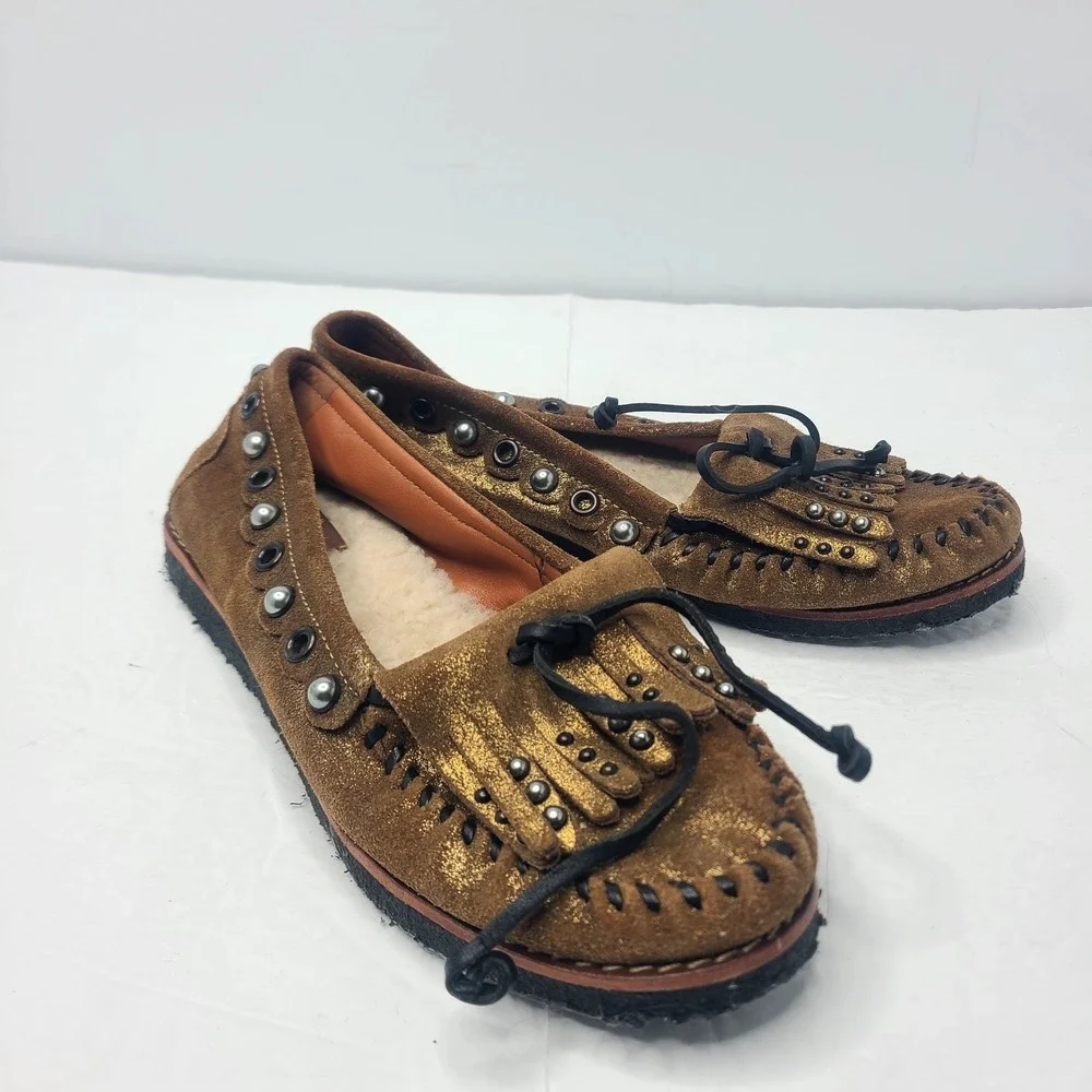 COACH Roccasin Shearling Moccasin Brown Suede Slip On Shoe 7B Embellished